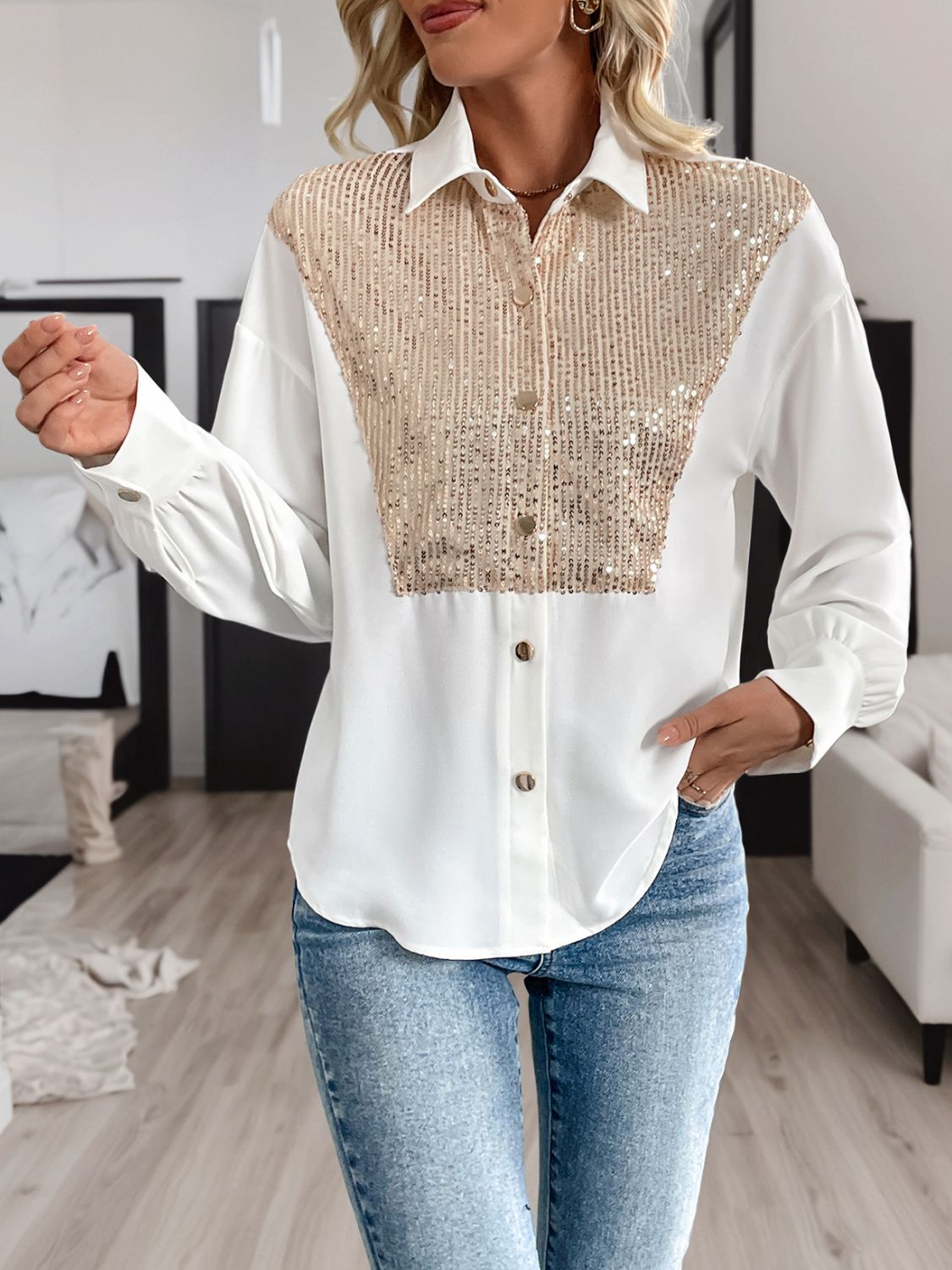 Perfee Sequin Contrast Collared Neck Long Sleeve Shirt