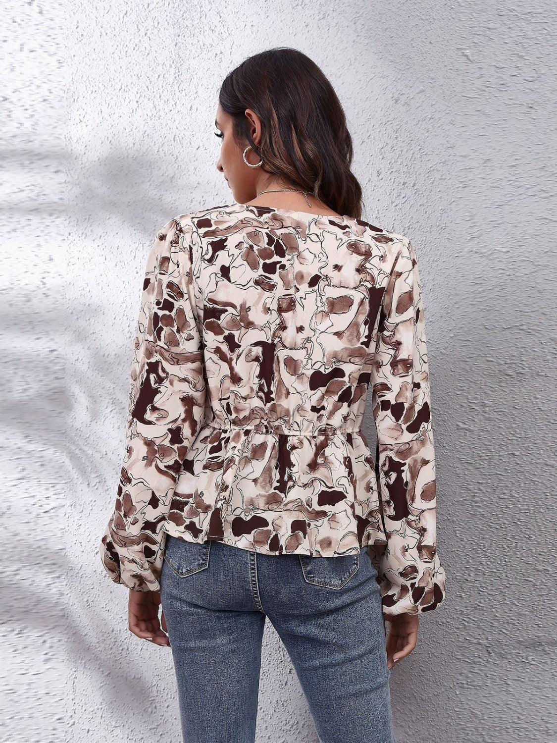 Ruched Printed V-Neck Long Sleeve Blouse