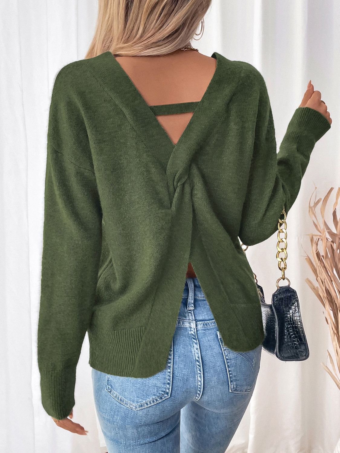 Perfee Twisted V-Neck Long Sleeve Sweatshirt