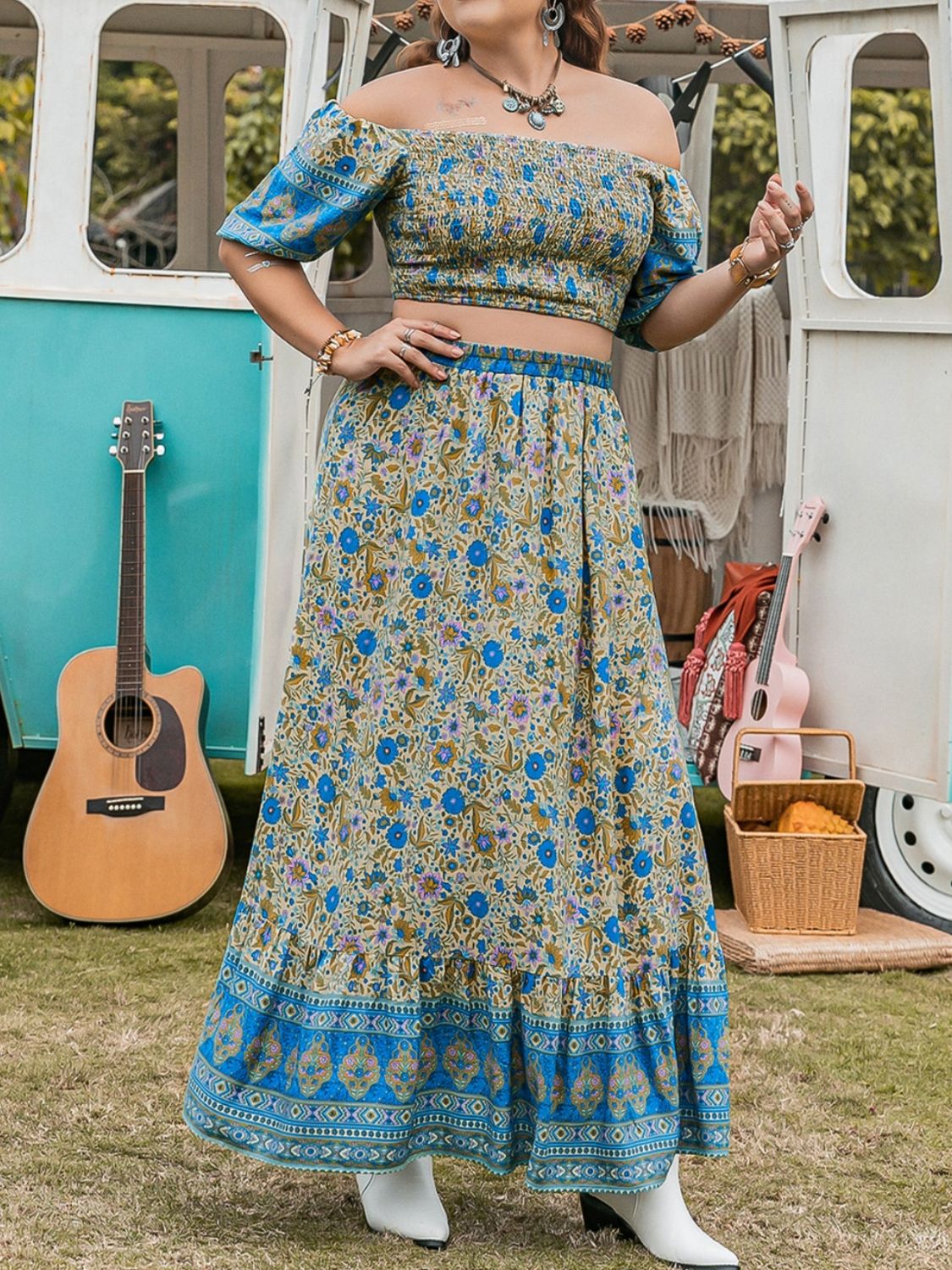 Plus Size Sky Blue Smocked Off Shoulder Top and Skirt Set