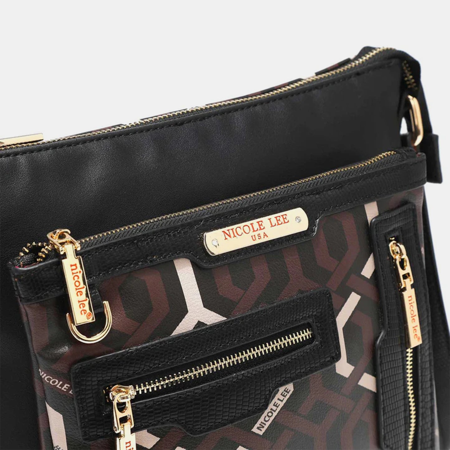 Nicole Lee USA Black Geometric Pattern Crossbody Bag