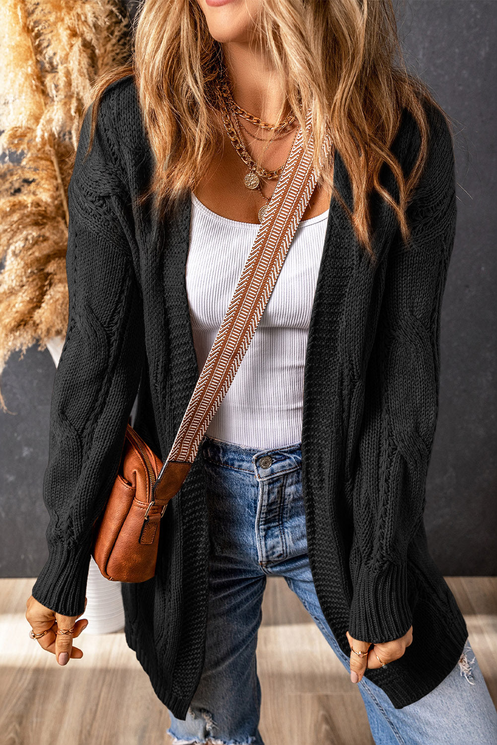 Full Size Cable-Knit Dropped Shoulder Cardigan