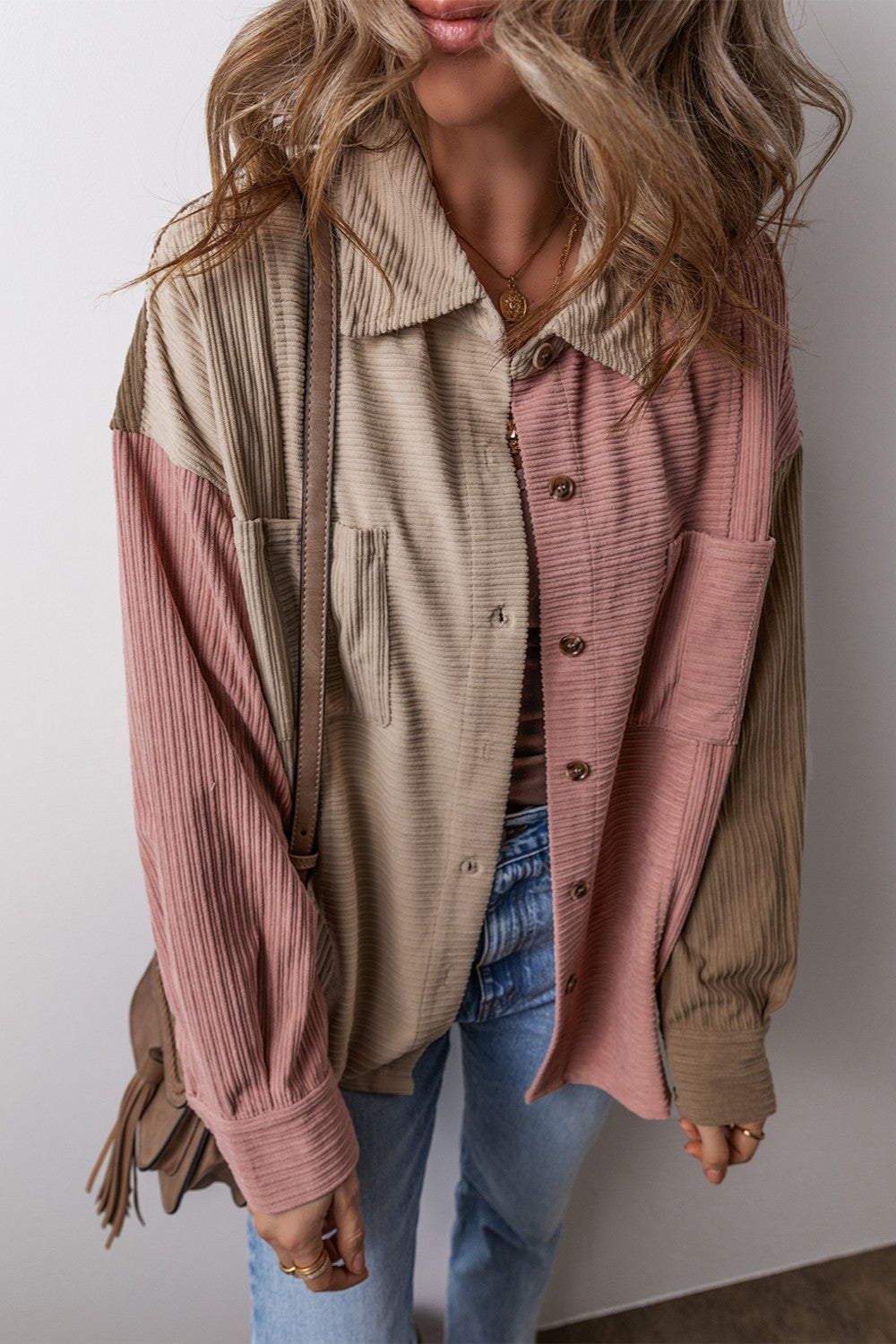 Dusty Pink Button Up Color Block  Long Sleeve Shacket