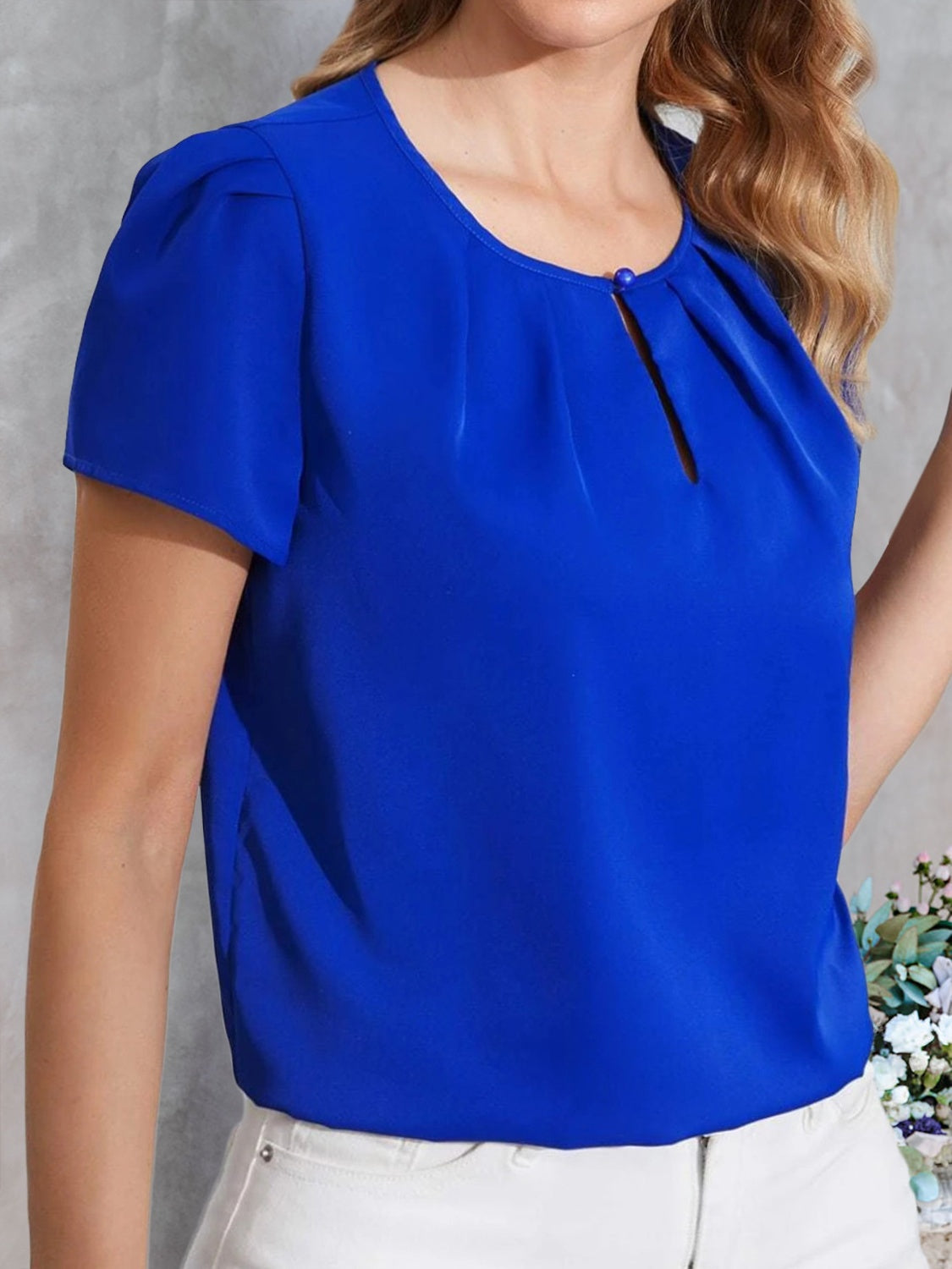 Ruched Round Neck Short Sleeve Blouse