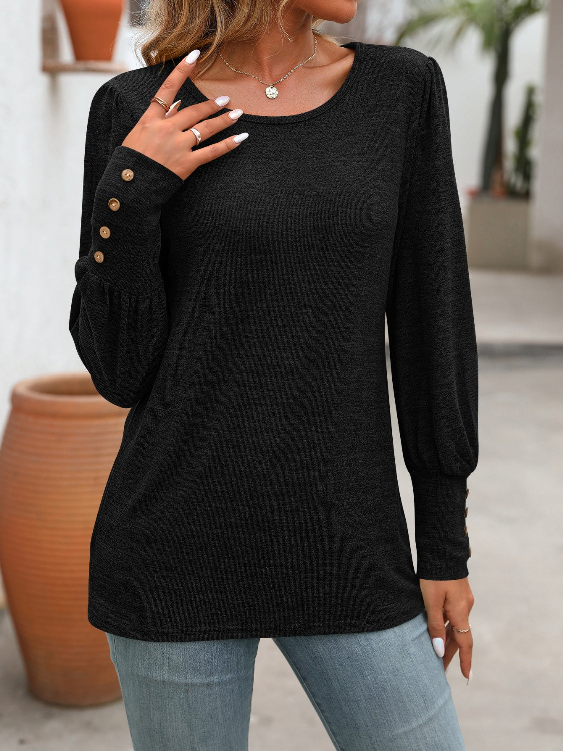 Full Size Decorative Button Round Neck Long Sleeve T-Shirt