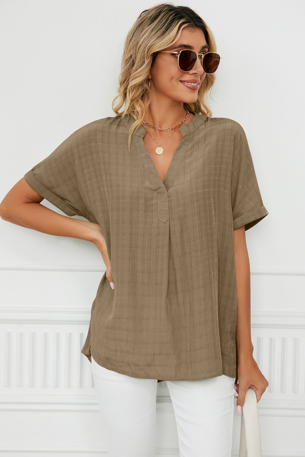 Full Size Side Slit Notched Neck Cuffed Short Sleeve Blouse