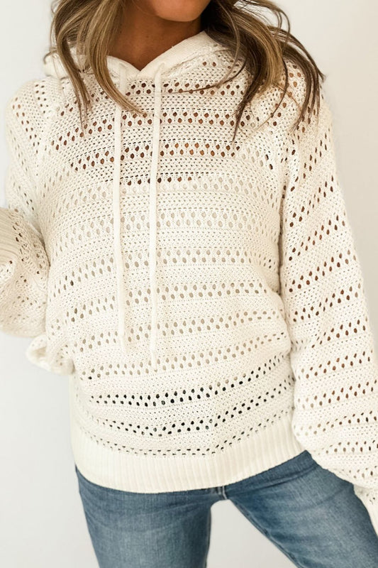 Openwork Drawstring Long Sleeve Hooded Knit Cover Up