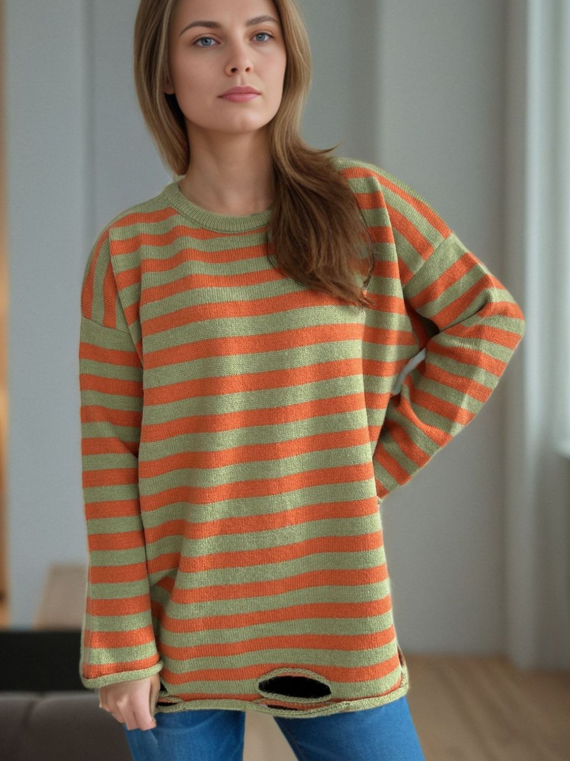 Distressed Striped Round Neck Long Sleeve Sweater