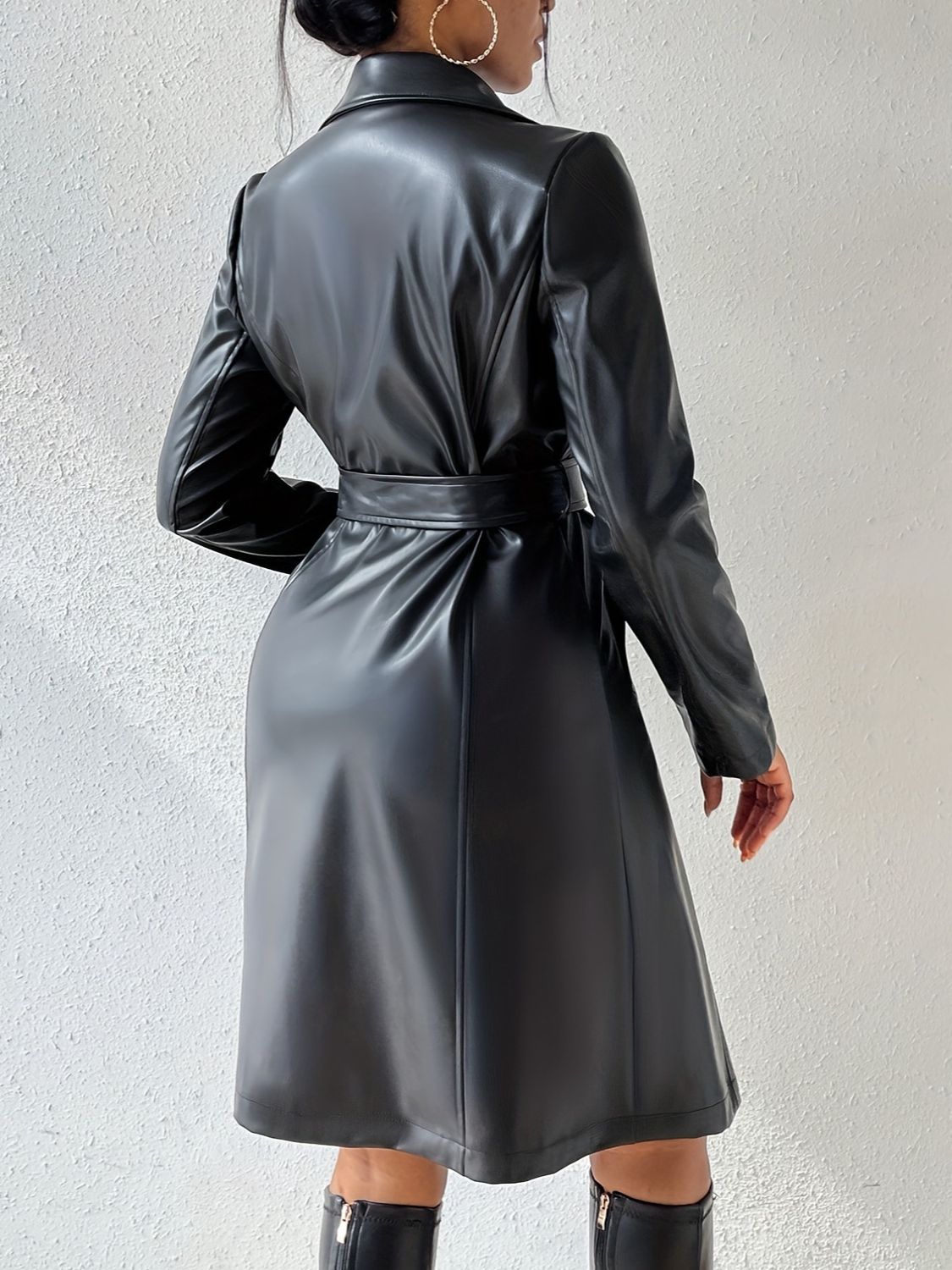 Tied PU Leather Long Sleeve Trench Coat