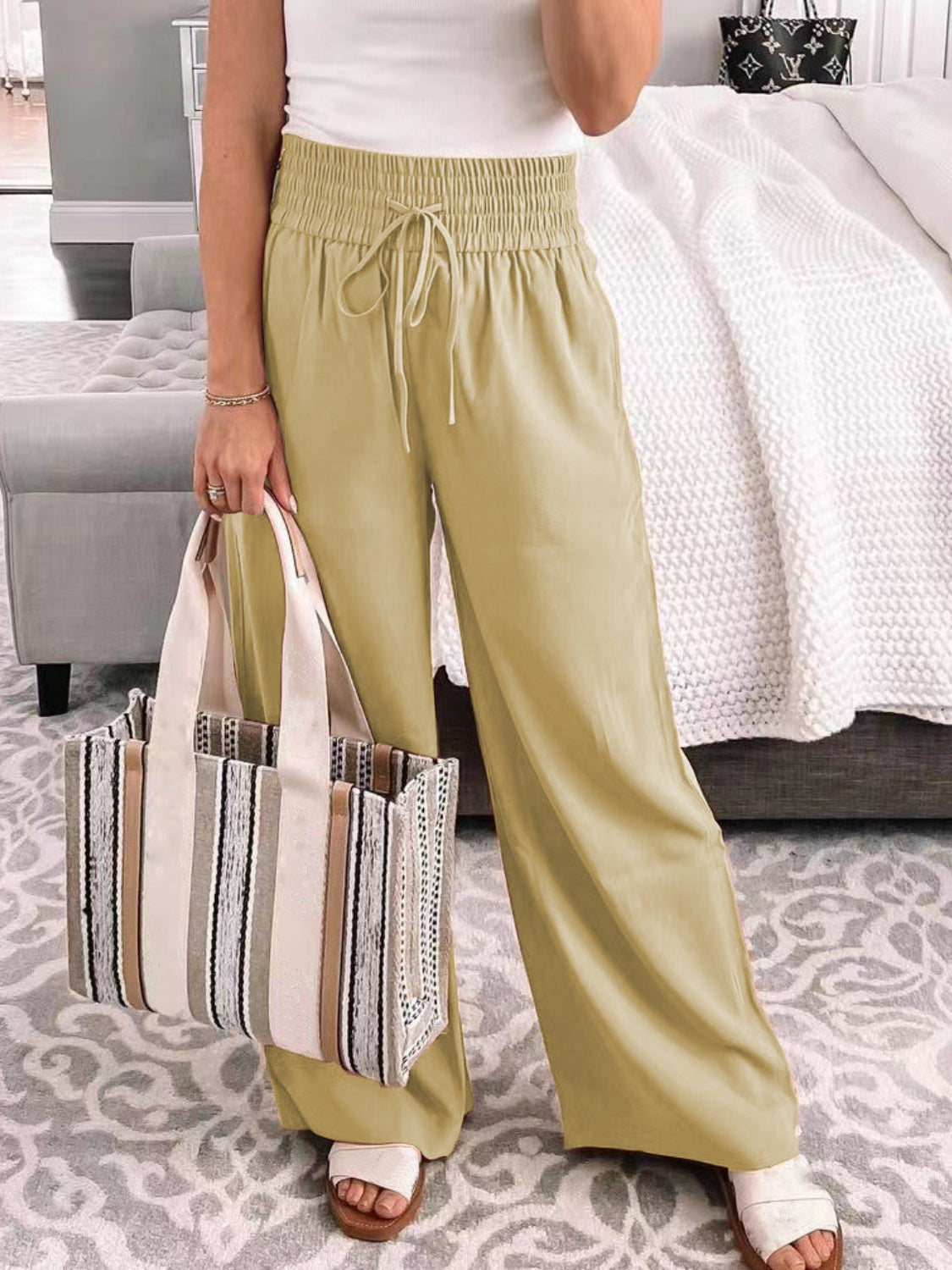 Full Size Drawstring High Waist Wide Leg Pants