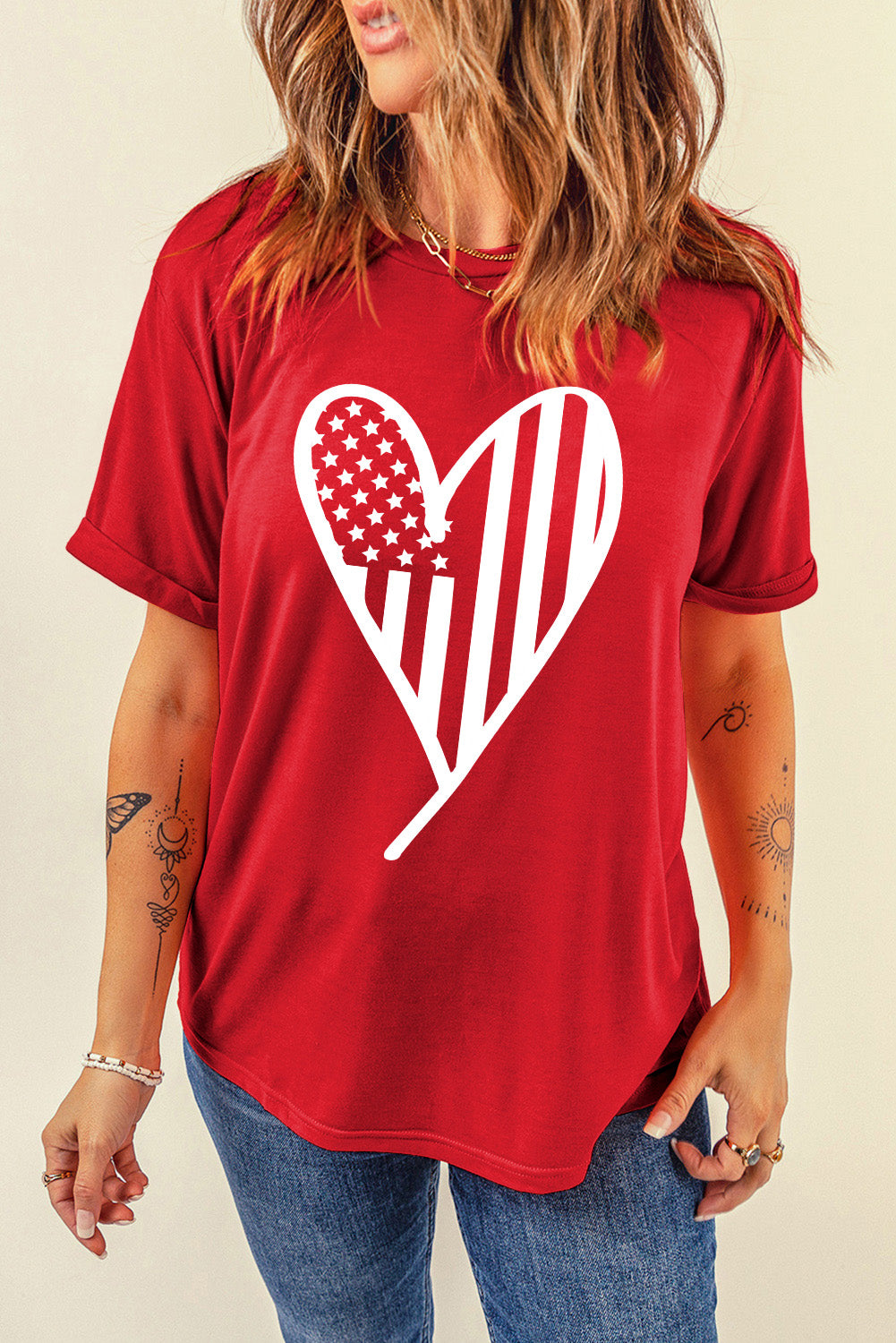 Full Size Heart Round Neck Short Sleeve T-Shirt