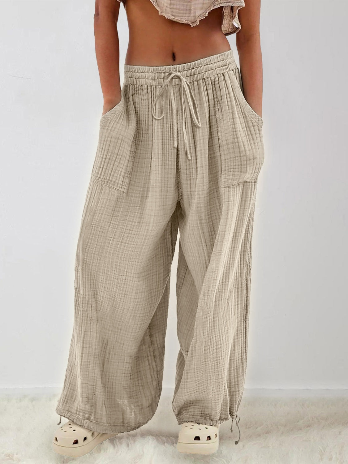 Textured Tied Pants with Pockets