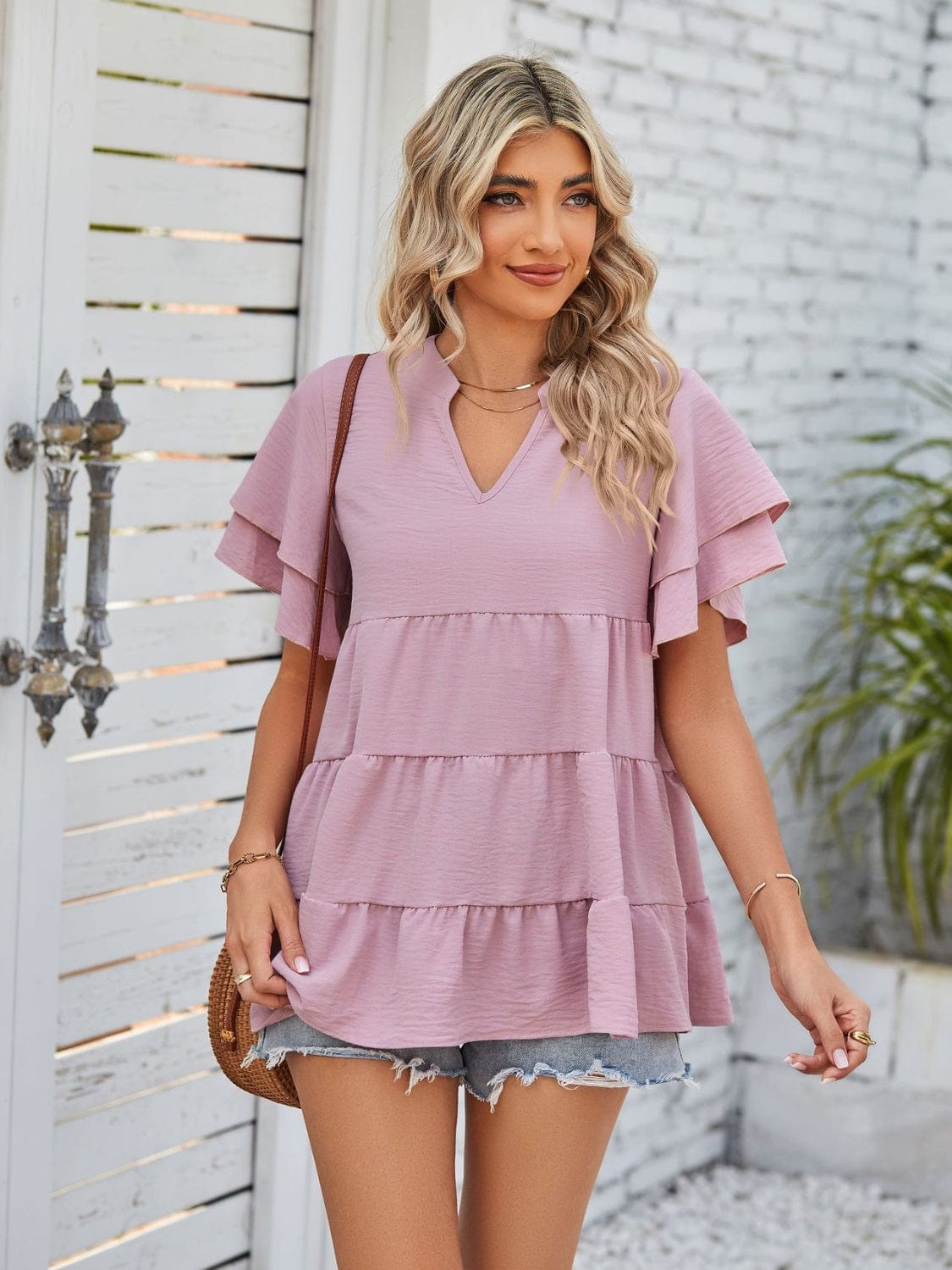 Full Size Tiered Notched Short Sleeve Blouse