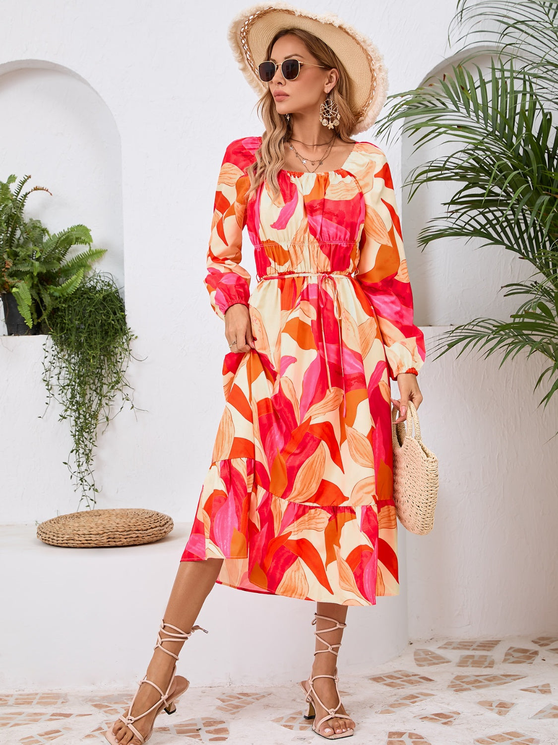 Full Size Printed Long Sleeve Midi Dress