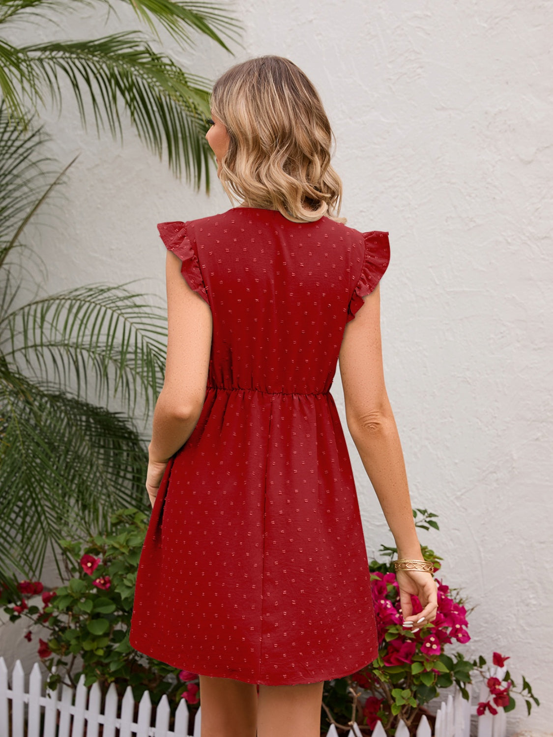 Swiss Dot Ruffled V-Neck Dress