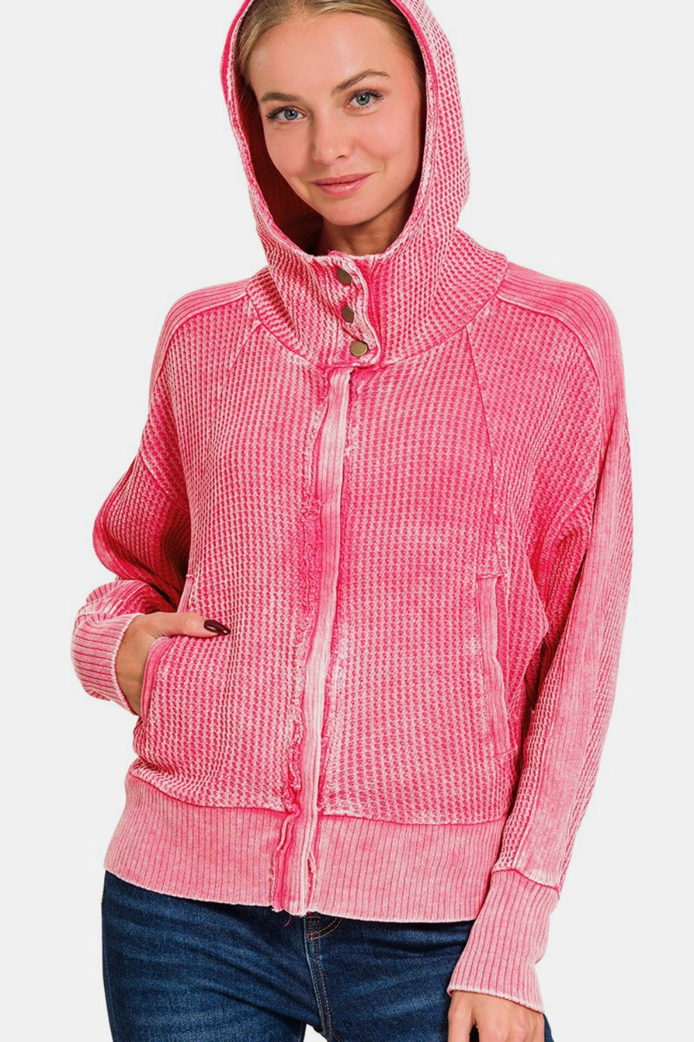 Zenana Washed Zip Up Hooded Fuchsia Jacket