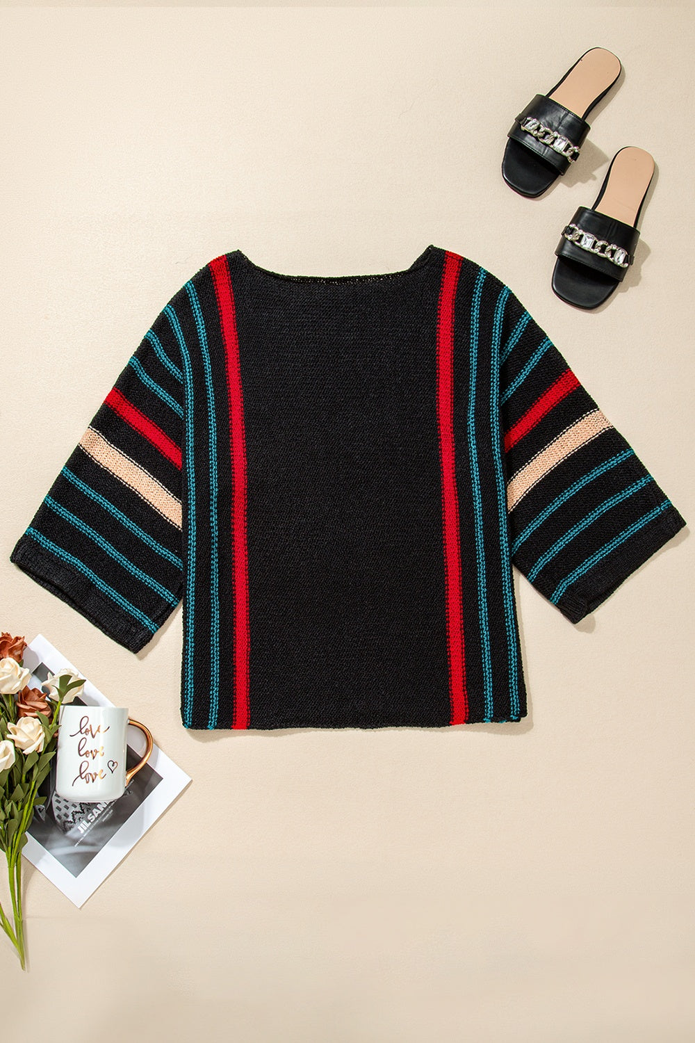Striped Boat Neck Three-Quarter Sleeve Knit Top