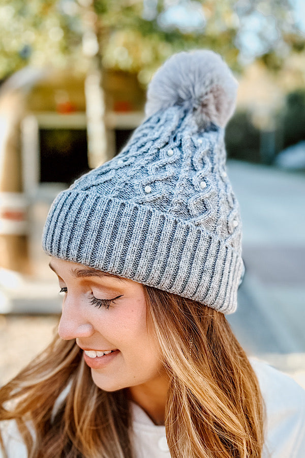 Gray Fur Pom Pearl Beanie