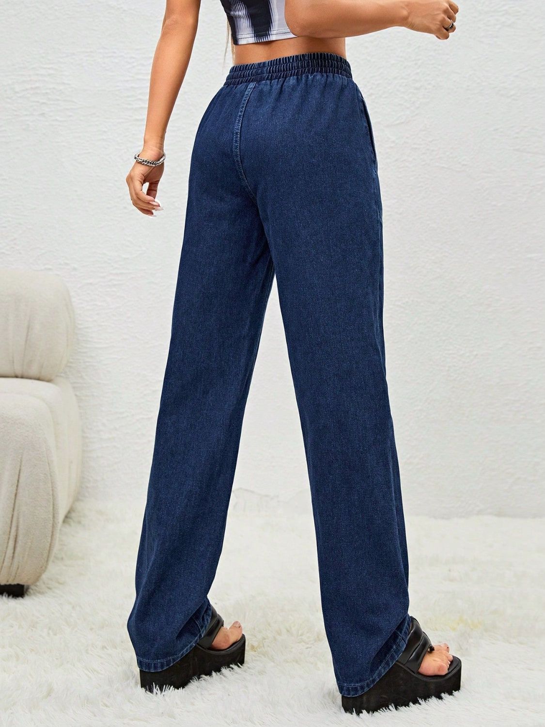 Drawstring Elastic Waist Jeans with Pockets