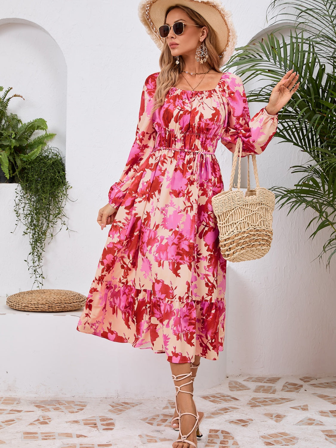 Full Size Printed Long Sleeve Midi Dress