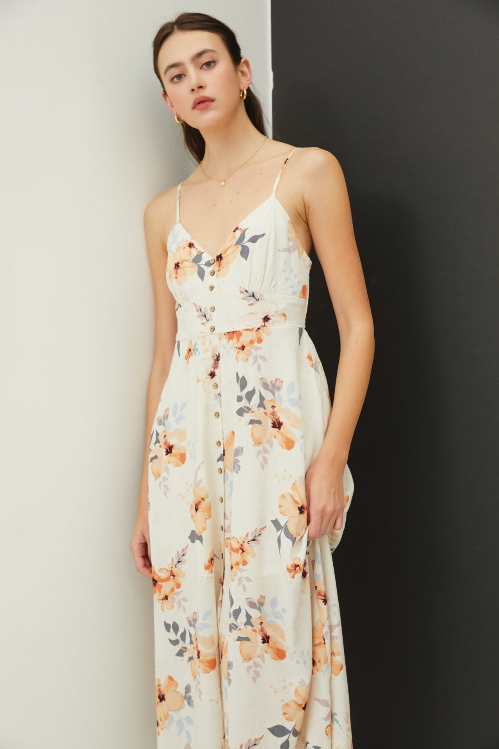 Be Cool Floral Peach Hibiscus Button Down Cami Midi Dress