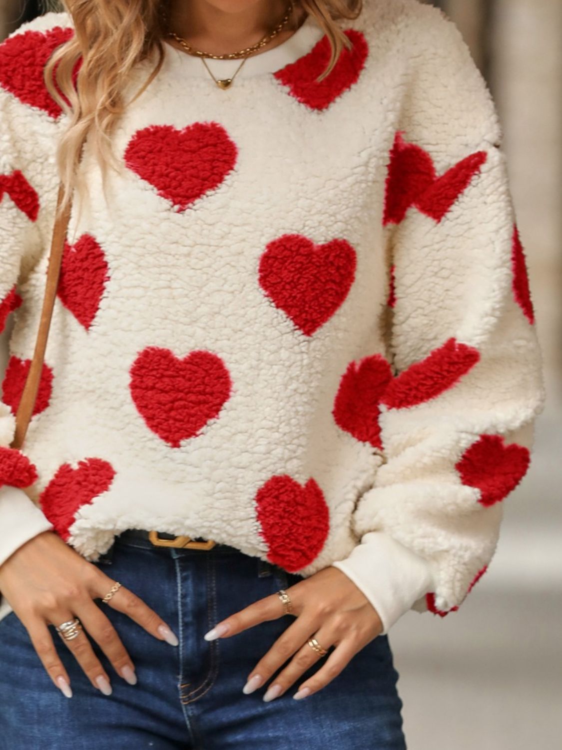 Full Size Fuzzy Heart Dropped Shoulder Sweatshirt