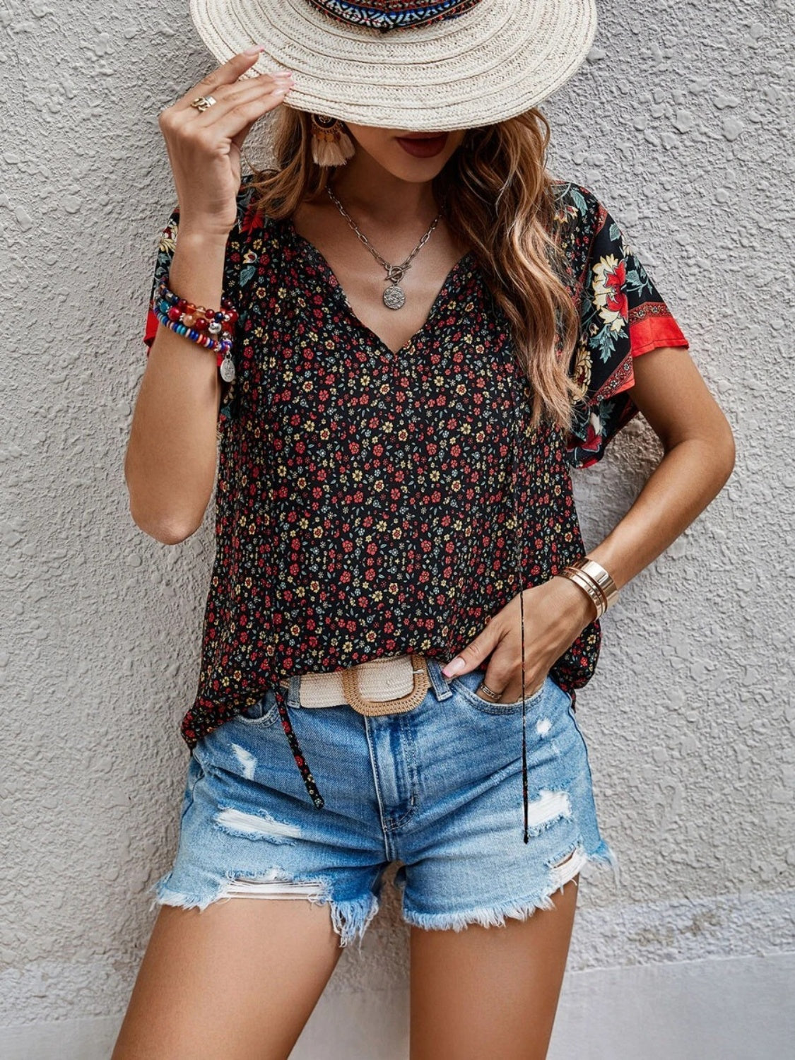 Printed Tie Neck Short Sleeve Blouse