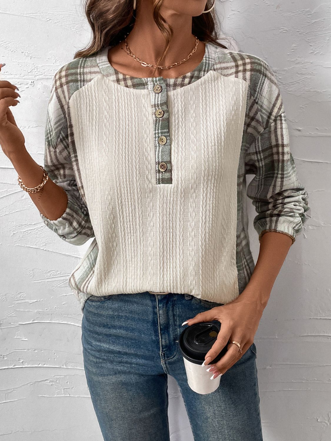 Perfee Plaid Half Button Long Sleeve T-Shirt