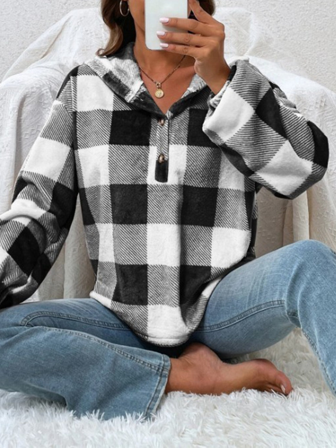 Plaid Half Button Long Sleeve Hoodie