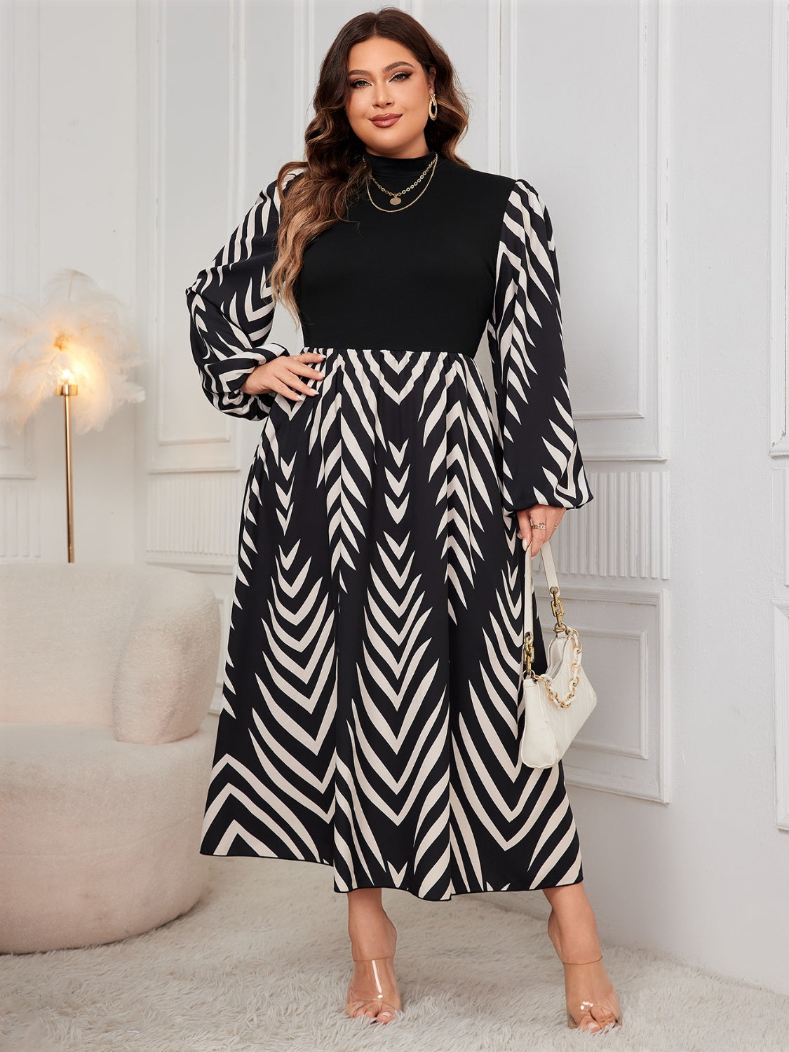 Plus Size Printed Mock Neck Long Sleeve Black Midi Dress