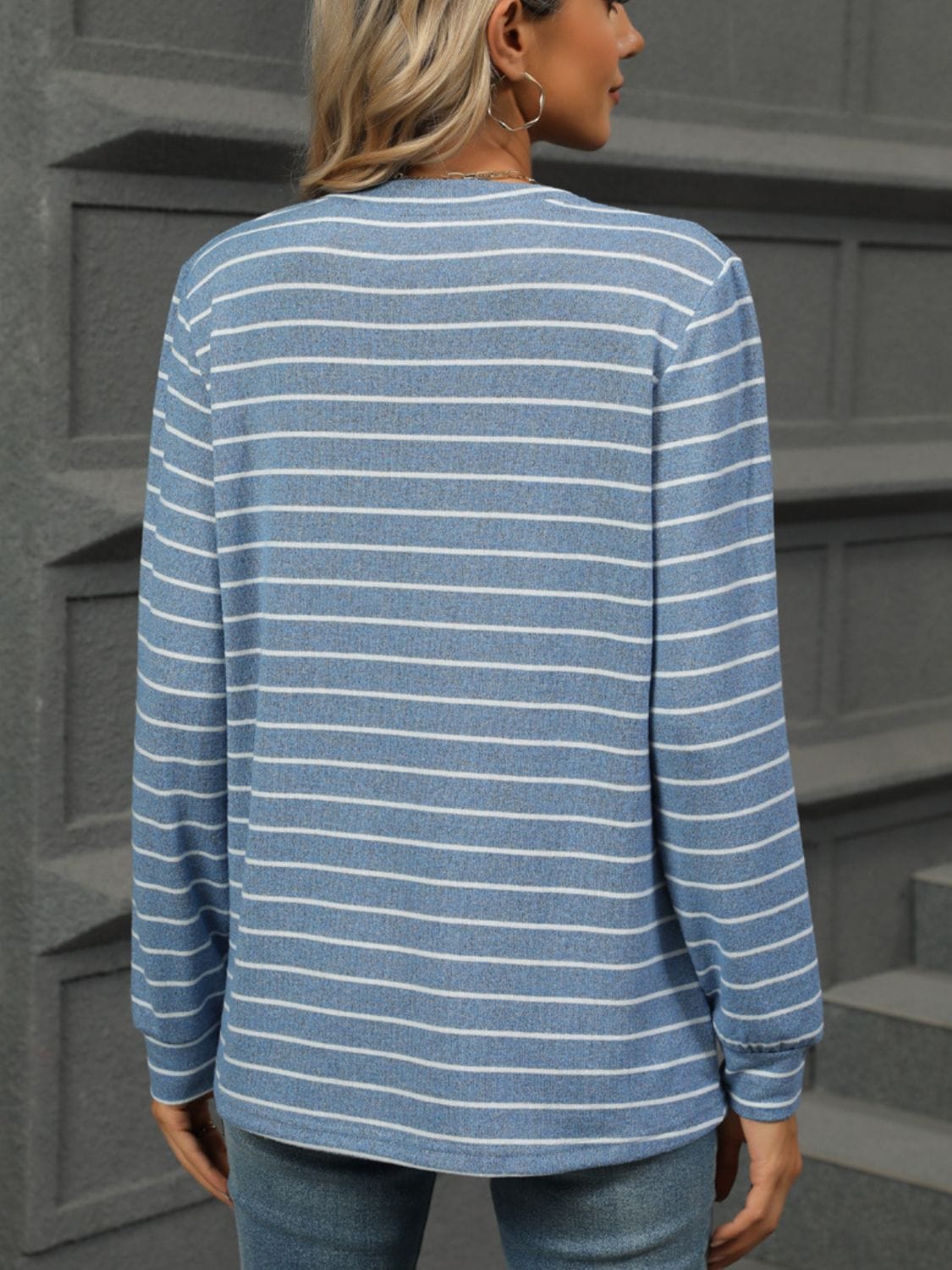 Full Size Striped Notched Long Sleeve T-Shirt