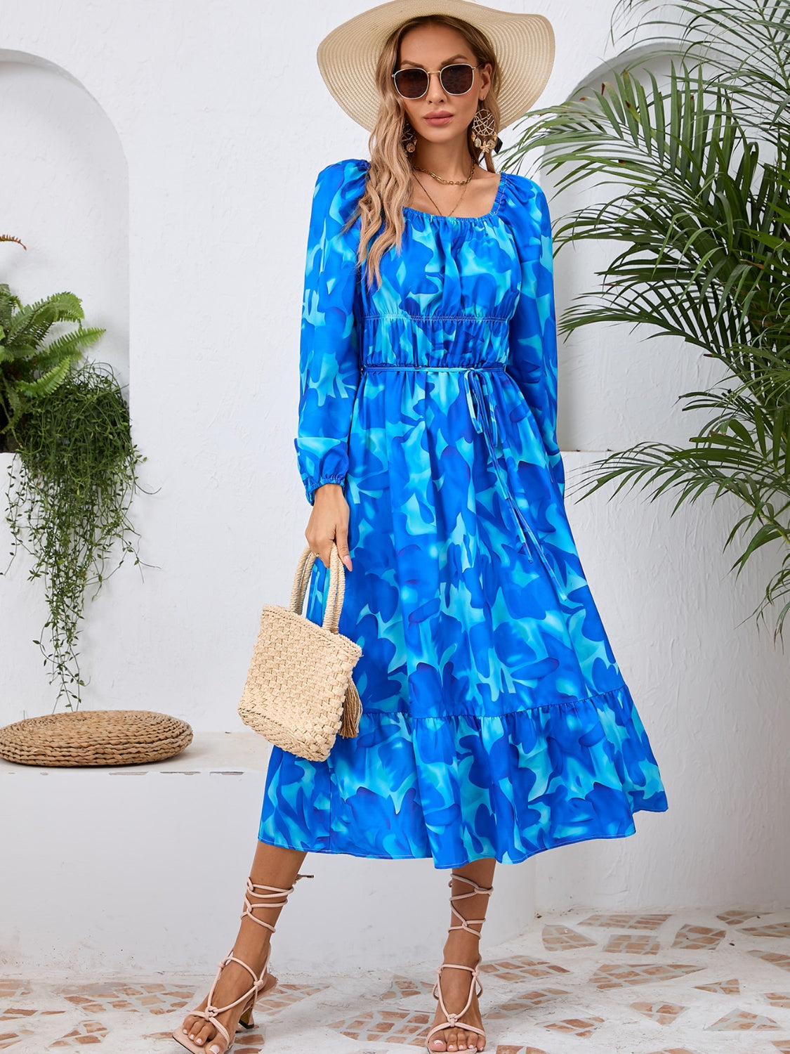 Full Size Printed Long Sleeve Midi Dress