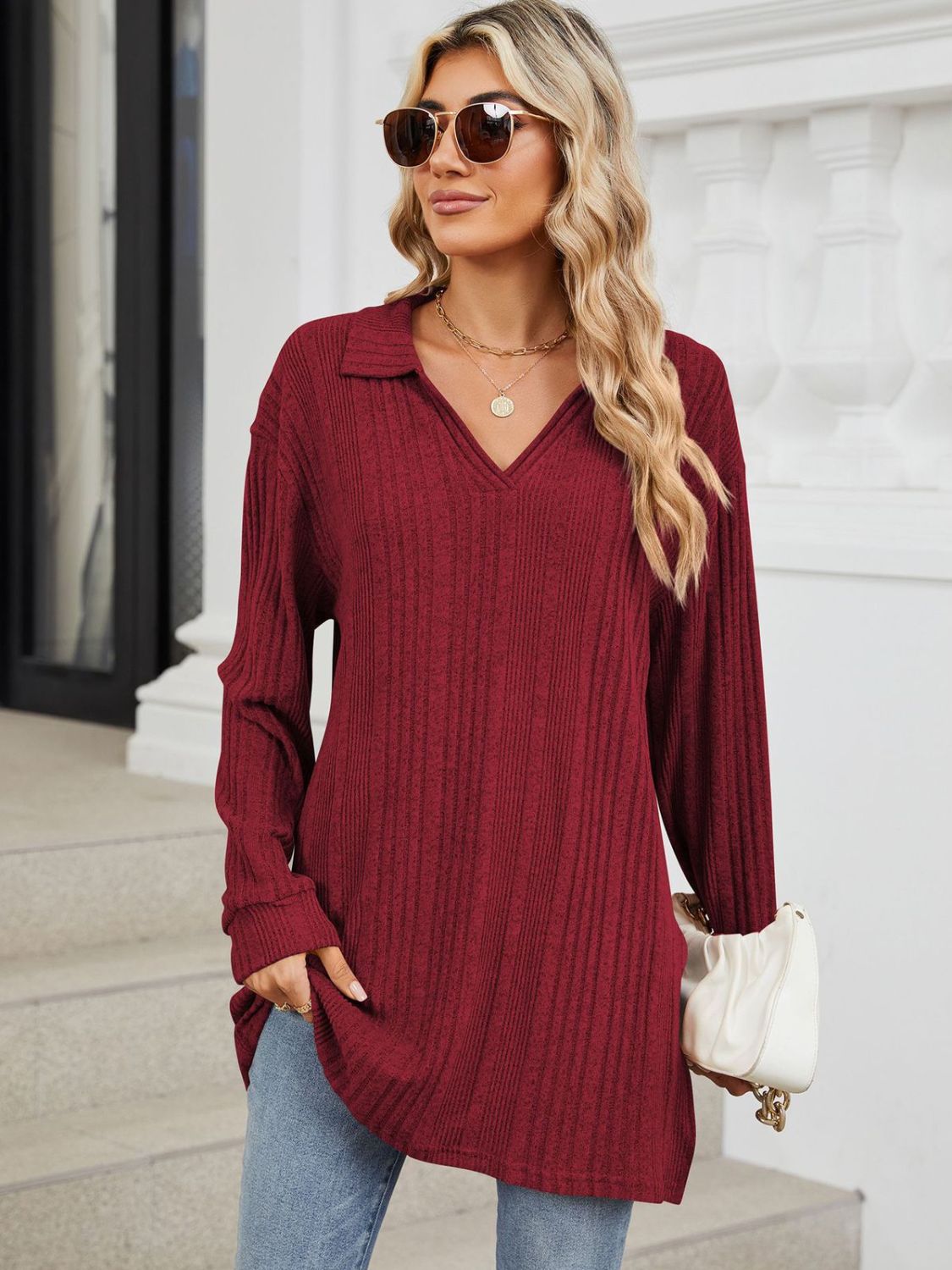 Slit Johnny Collar Long Sleeve T-Shirt