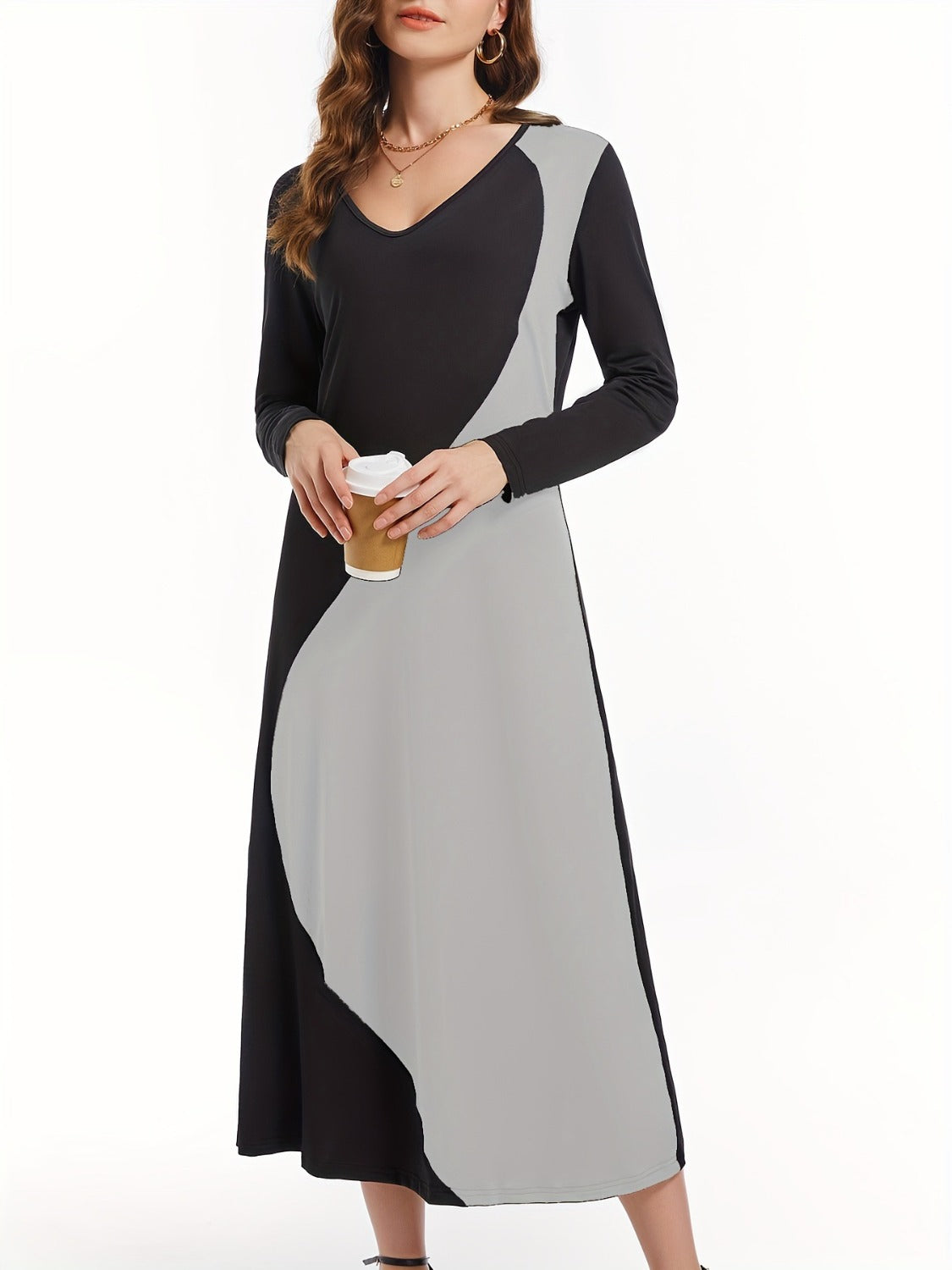 Contrast Long Sleeve Midi Dress