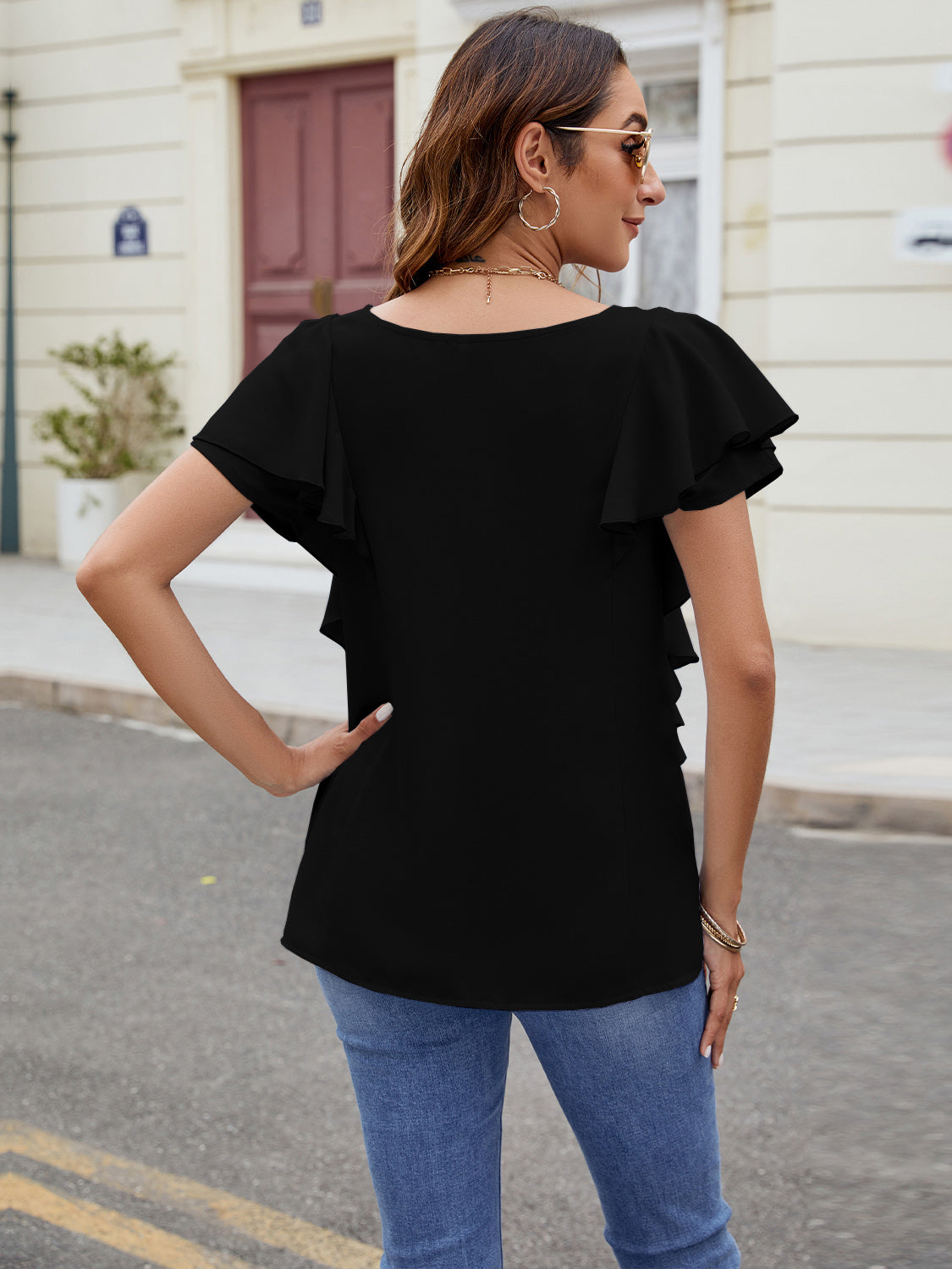 Full Size Ruffled V-Neck Short Sleeve Top