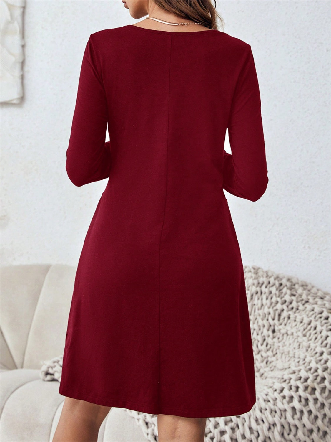 Round Neck Long Sleeve Mini Dress with Pockets