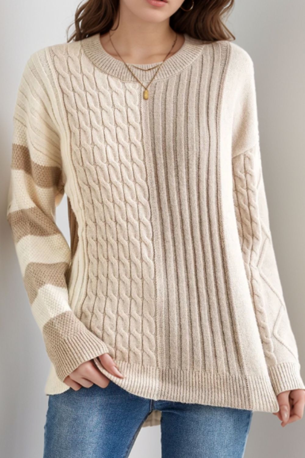 Cable-Knit Color Block Round Neck Sweater