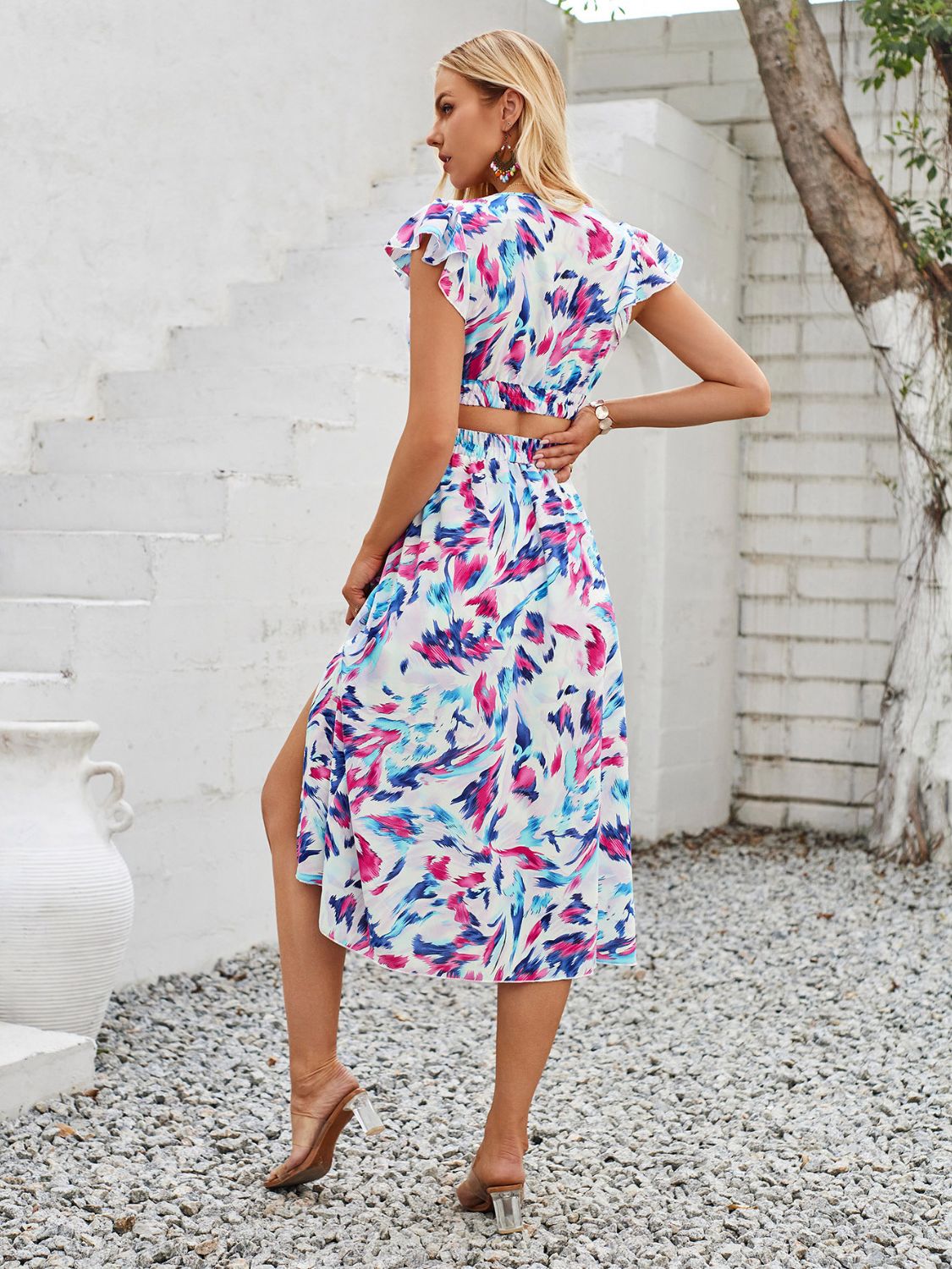 Cutout Slit Printed Cap Sleeve Midi Dress