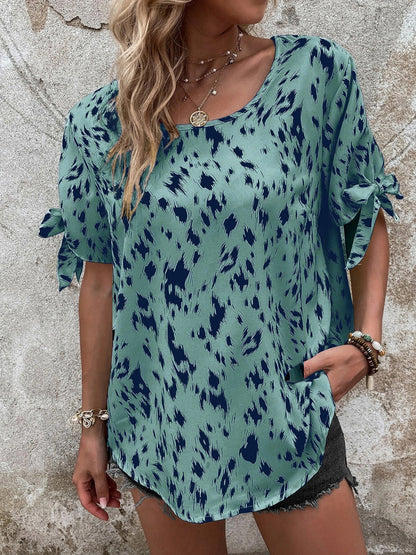 Tied Printed Boat Neck Blouse