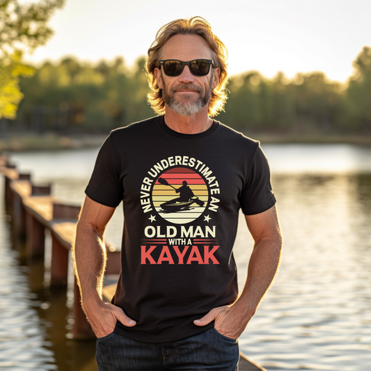 Men's Full Size Never Underestimate An Old Man With A Kayak Graphic Tee