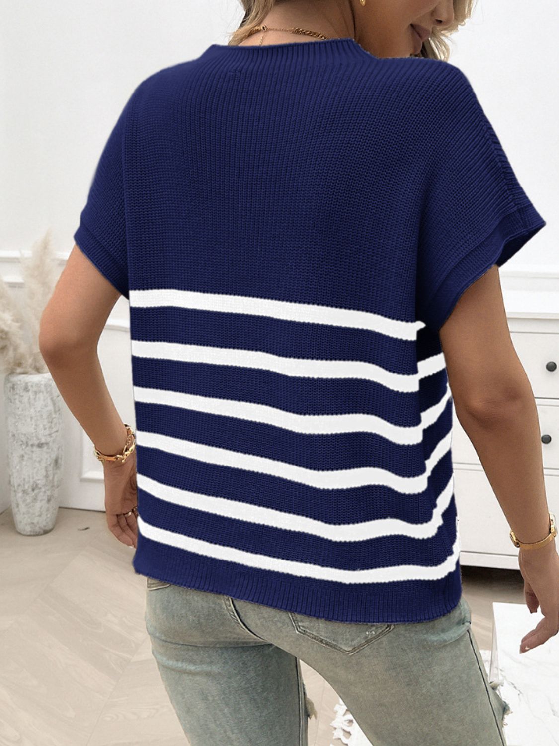 Devine Striped Round Neck Short Sleeve Sweater