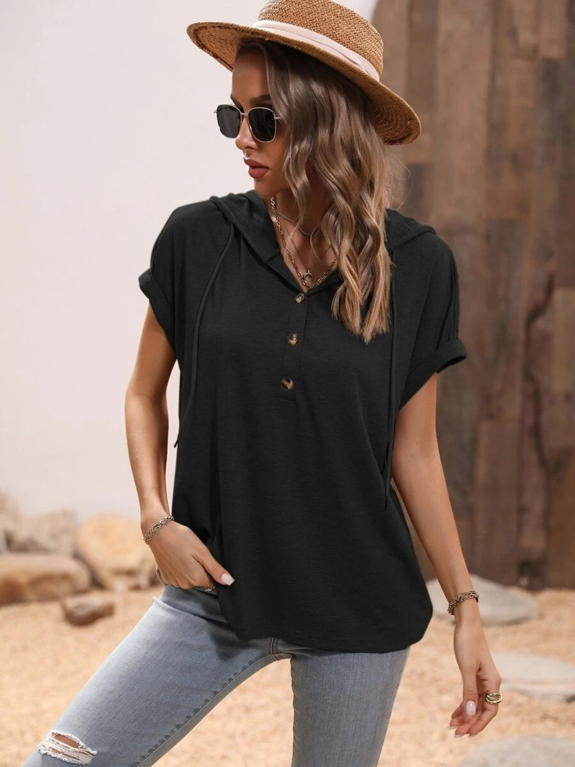 Full Size Half Button Hooded Short Sleeve Blouse