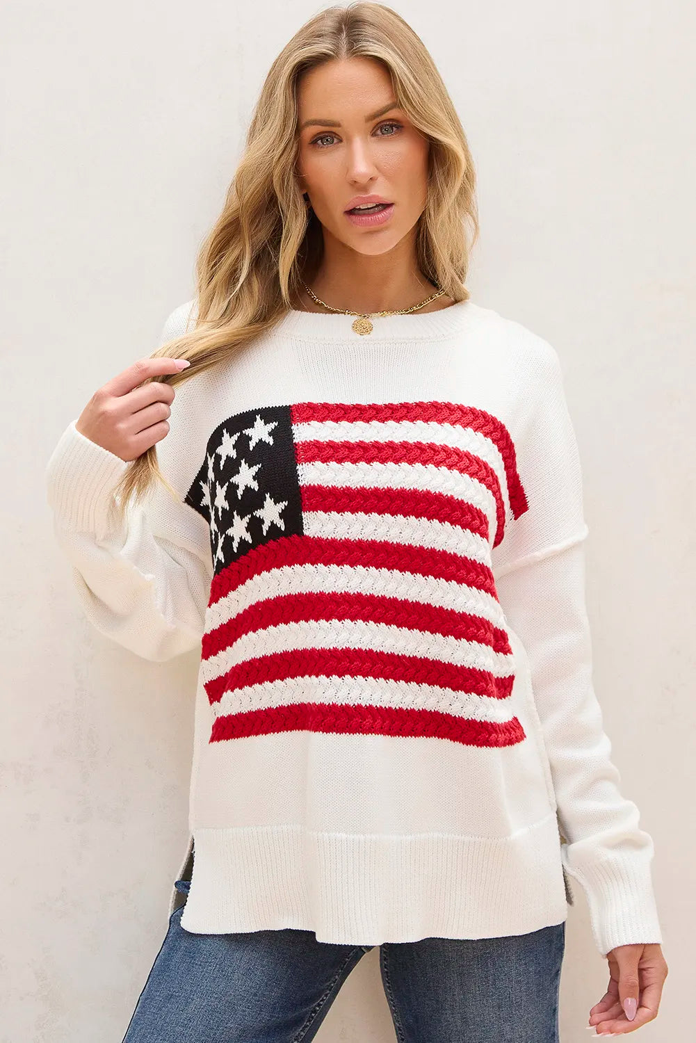 US Flag Round Neck Long Sleeve Knit Top