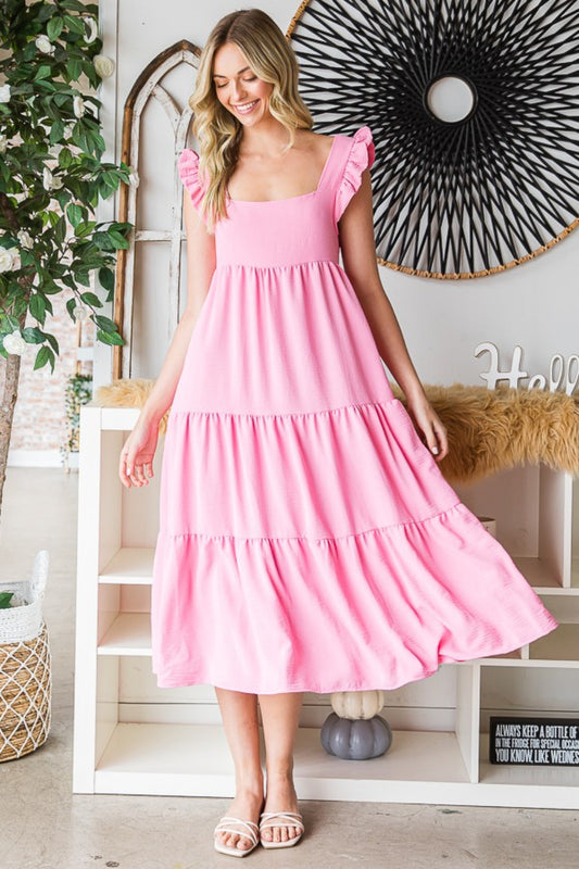 Reborn J Ruffled Bubble Pink Sleeveless Tiered Midi Dress