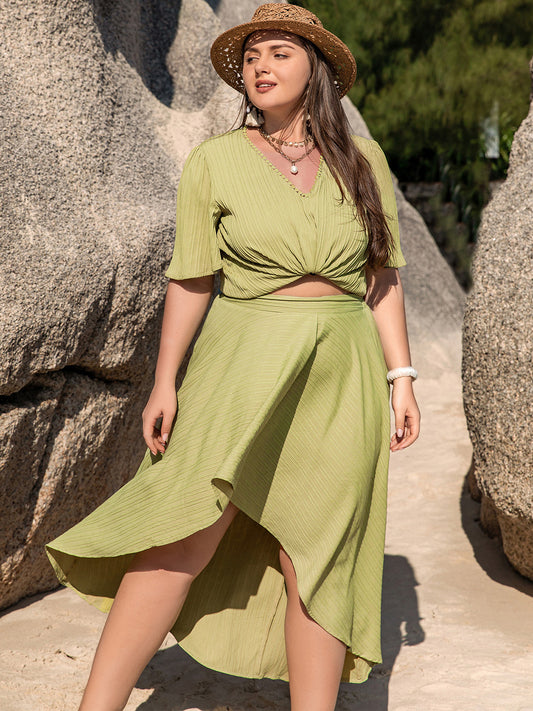 Plus Size V-Neck Half Sleeve Top and High-Low Skirt Set