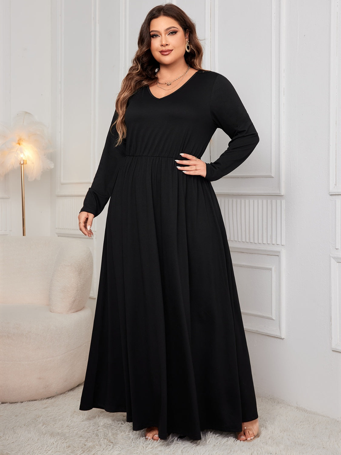 Plus Size Cutout V-Neck Black Long Sleeve Maxi Dress