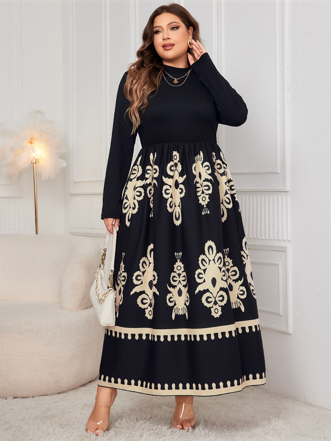 Plus Size Printed Mock Neck Black Long Sleeve Dress