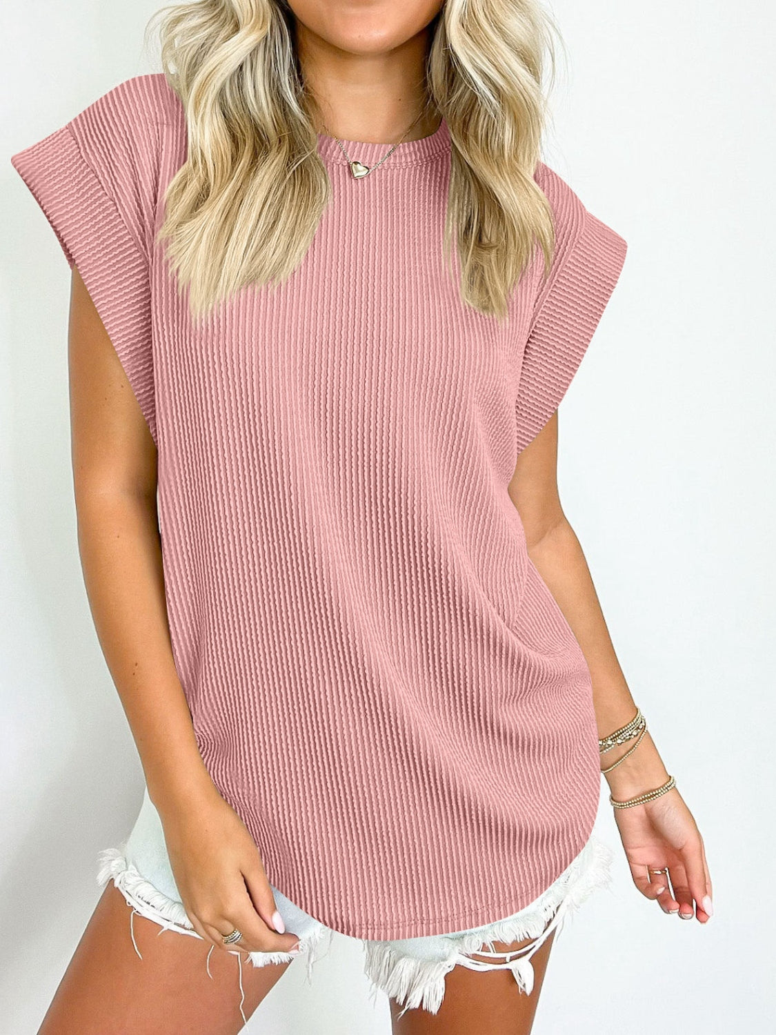 Full Size Textured Round Neck Cap Sleeve Blouse