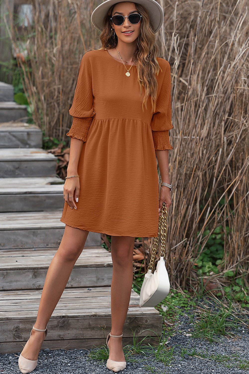 Texture Round Neck Lantern Sleeve Mini Dress