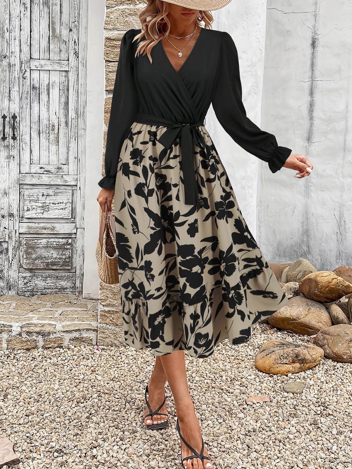 Full Size Tied Ruffled Printed Long Sleeve Dress